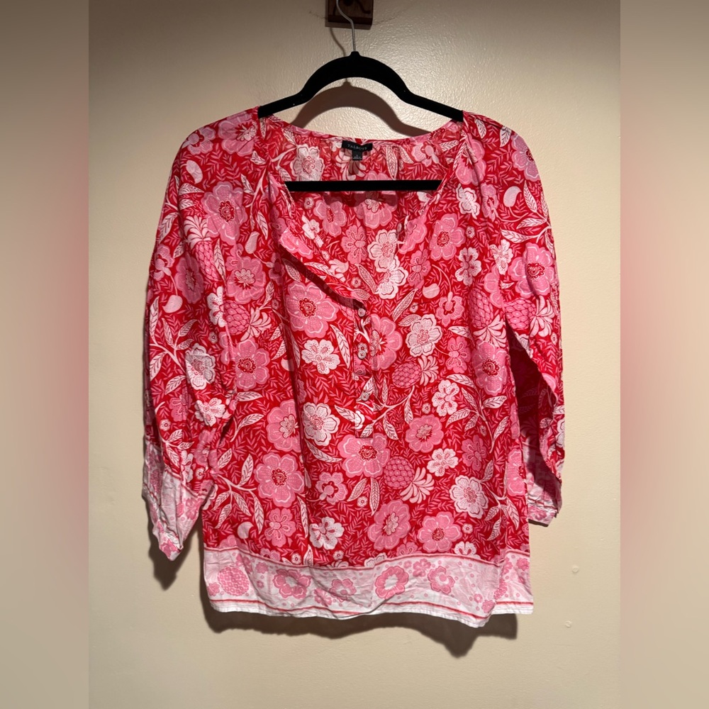 Talbots Floral Pineapple Paradise Button Front Popover Blouse
